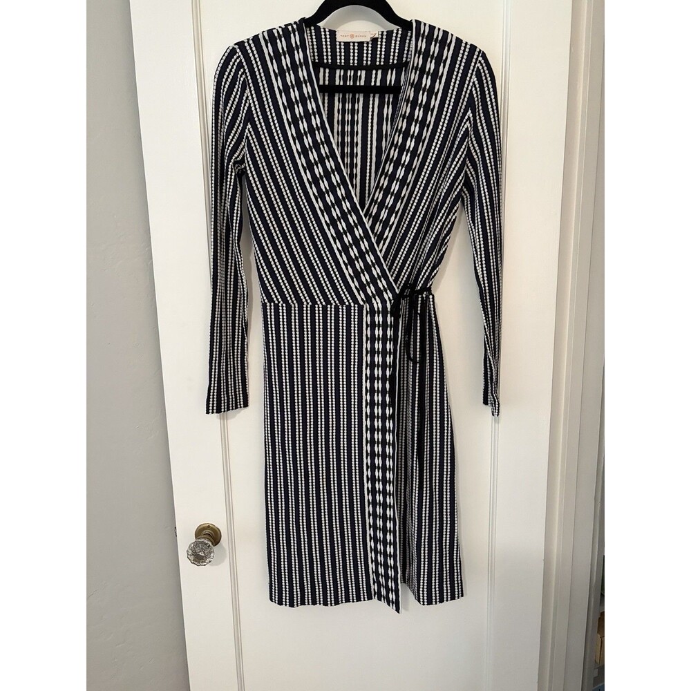 Tory Burch Wrap Dress Black Blue White Stripe Long Sleeve Knit Belted Classic